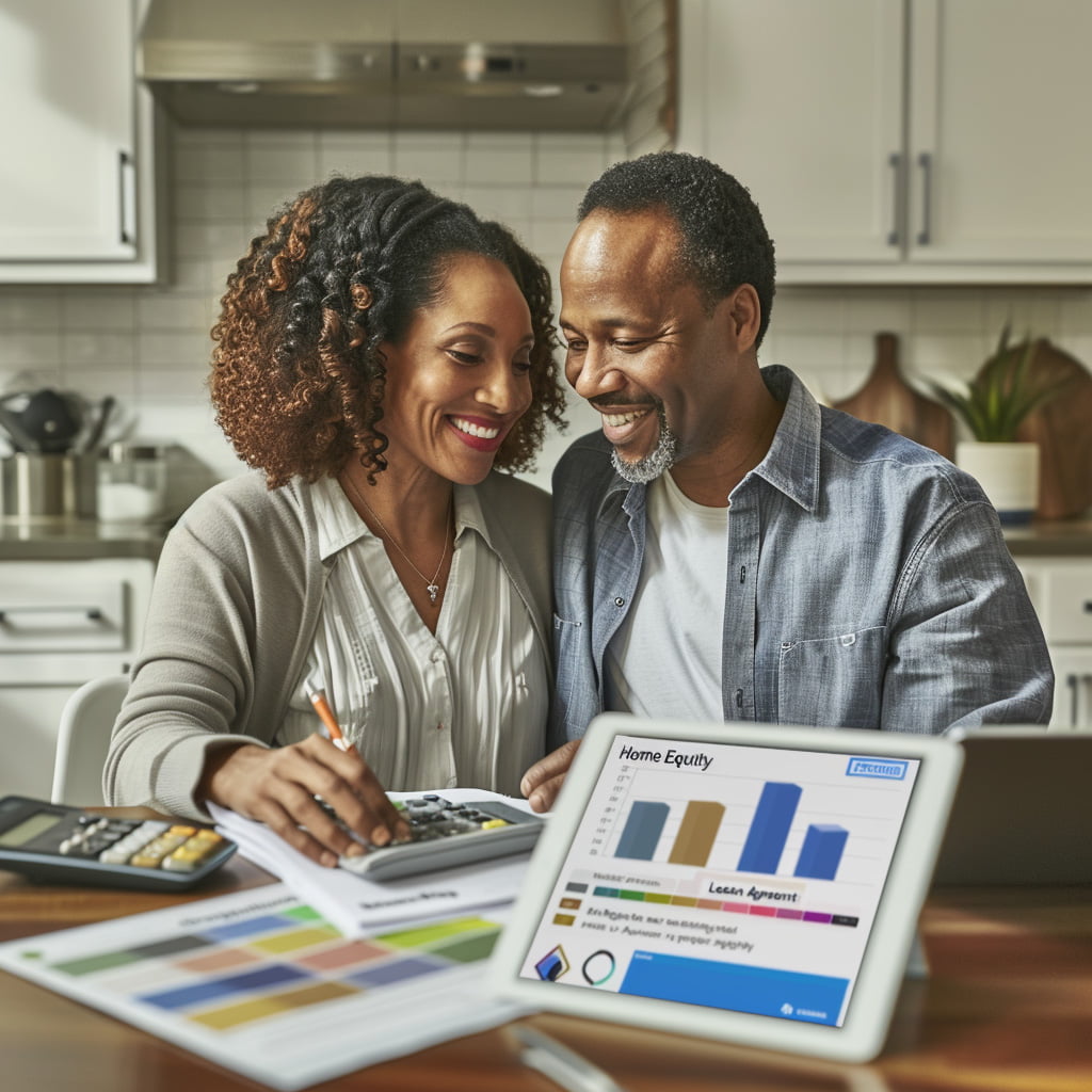 Couple sitting at kitchen table discussing a home equity loan.