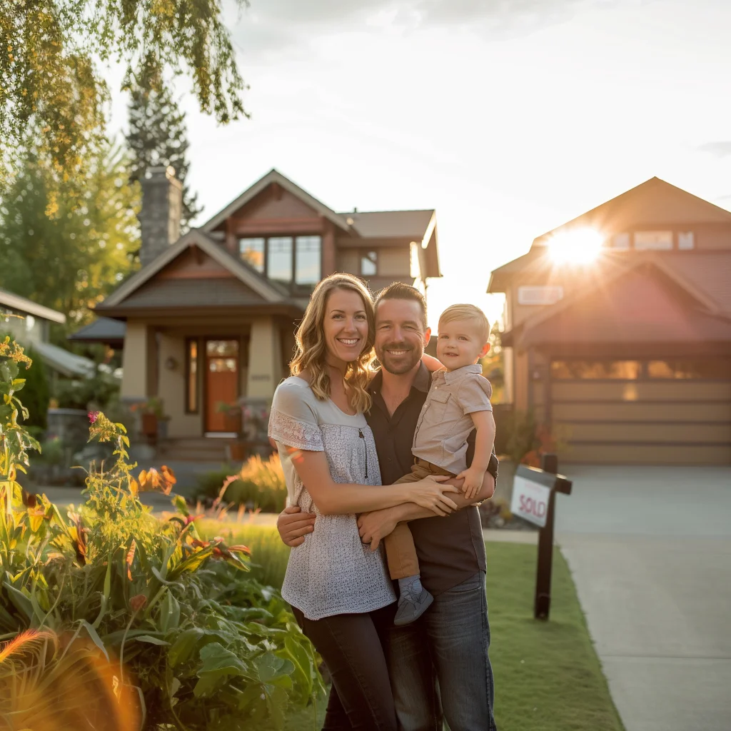 Family posing in front of new home