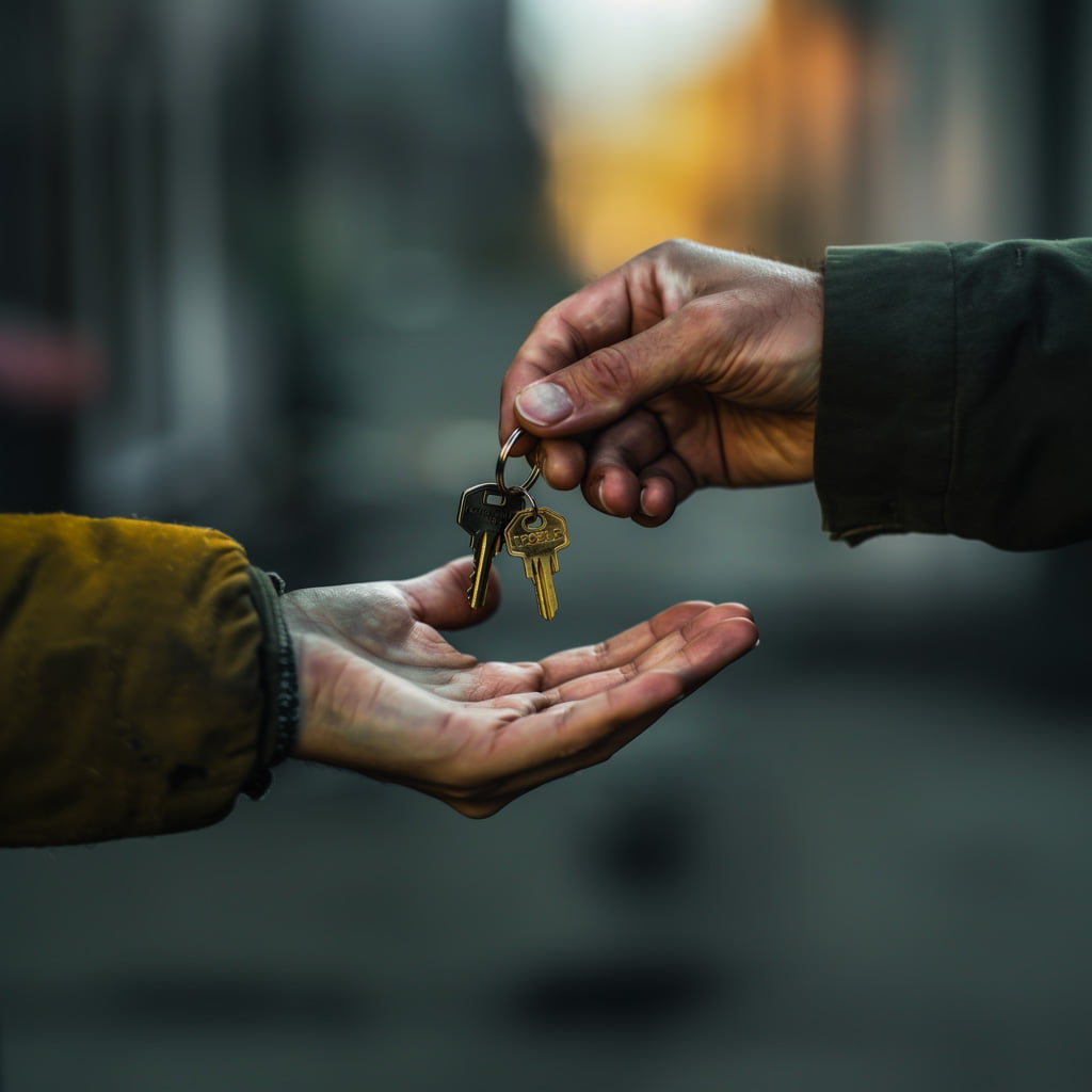 a hand dropping a set of keys into another hand.